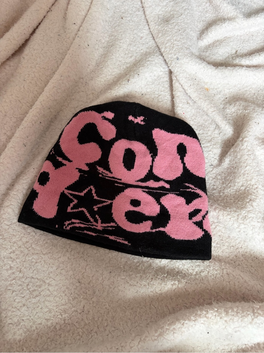 Black and Pink Graphic Knit Beanie Hat